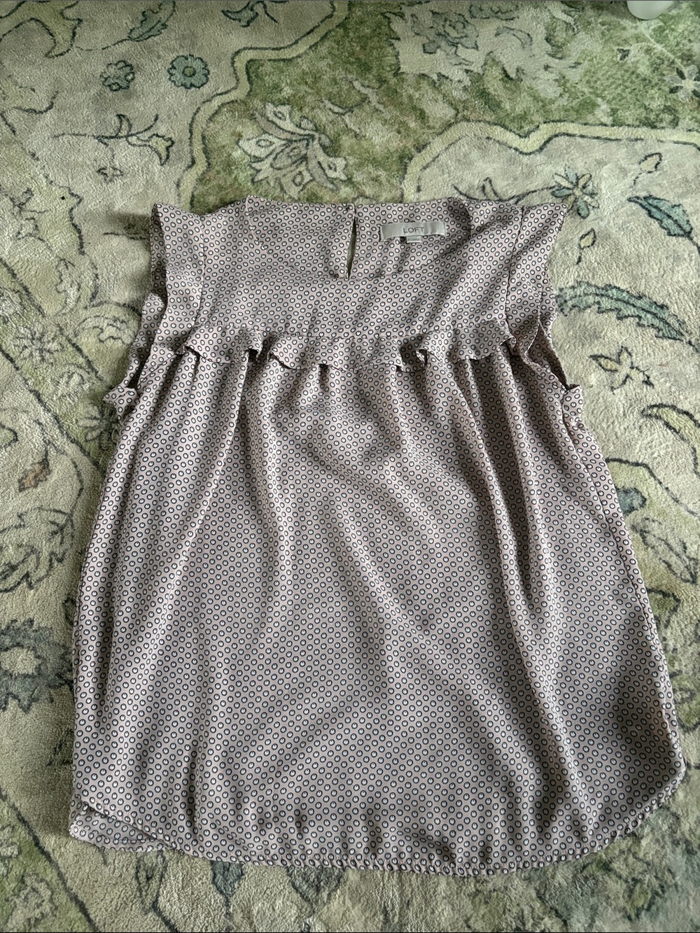 LOFT Taupe Printed Ruffle Yoke Sleeveless Top